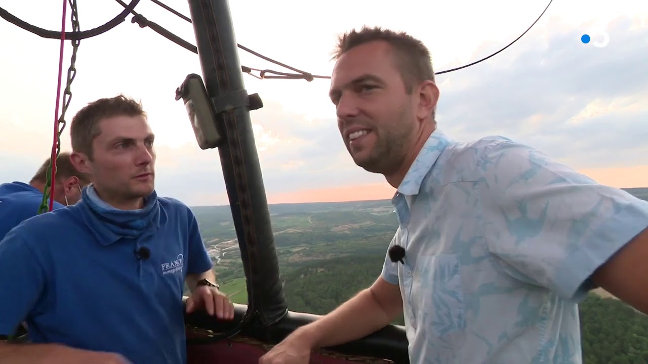 Deux passagers dans la nacelle d’une montgolfière en plein vol, campagne en contrebas